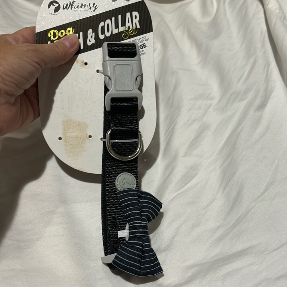 Whimsy Collection L dog collar black grey bow tie nwt adjustable 14-20”